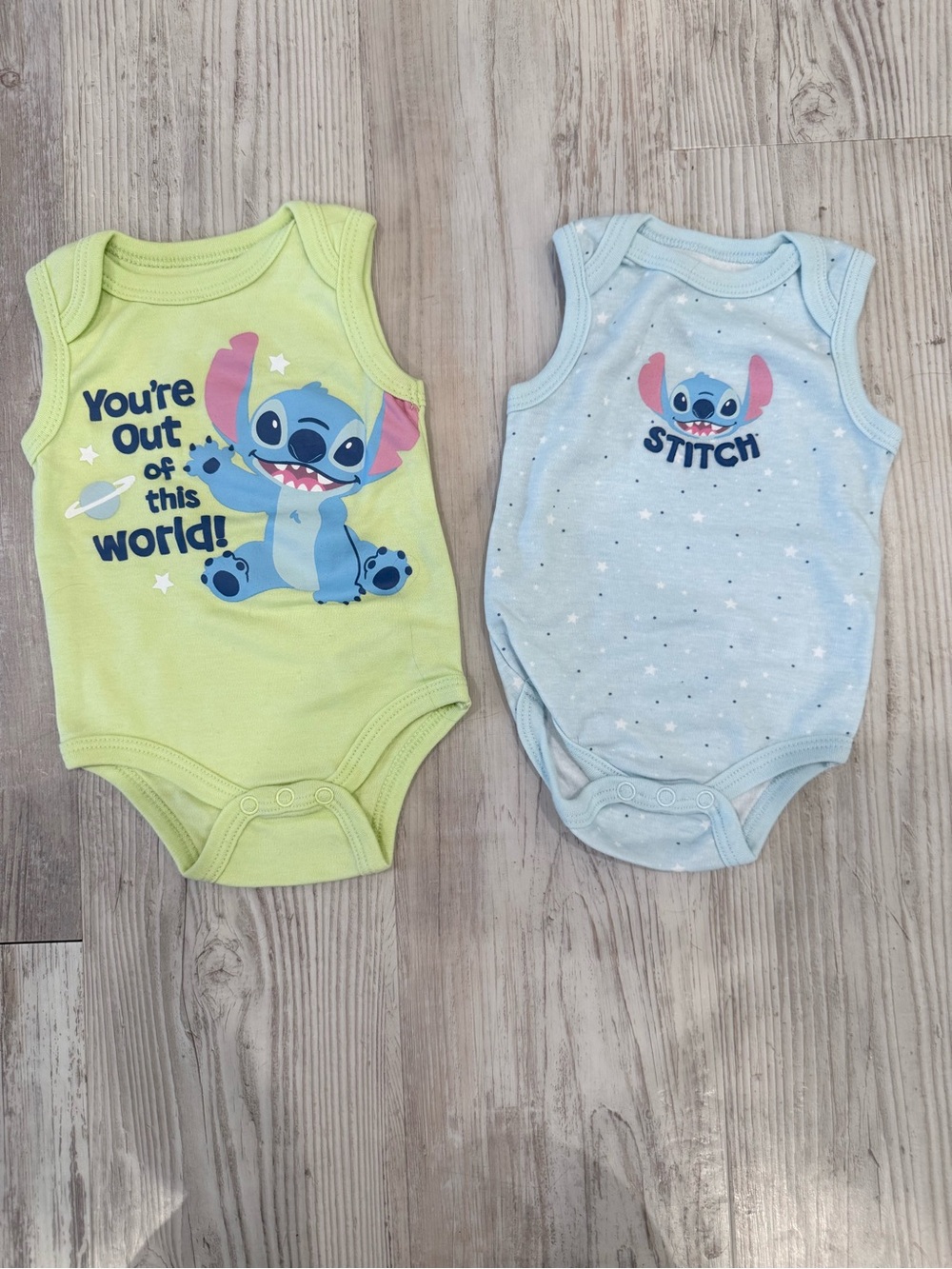 Disney Baby Green & Light Blue Stitch One-Piece Bodysuits